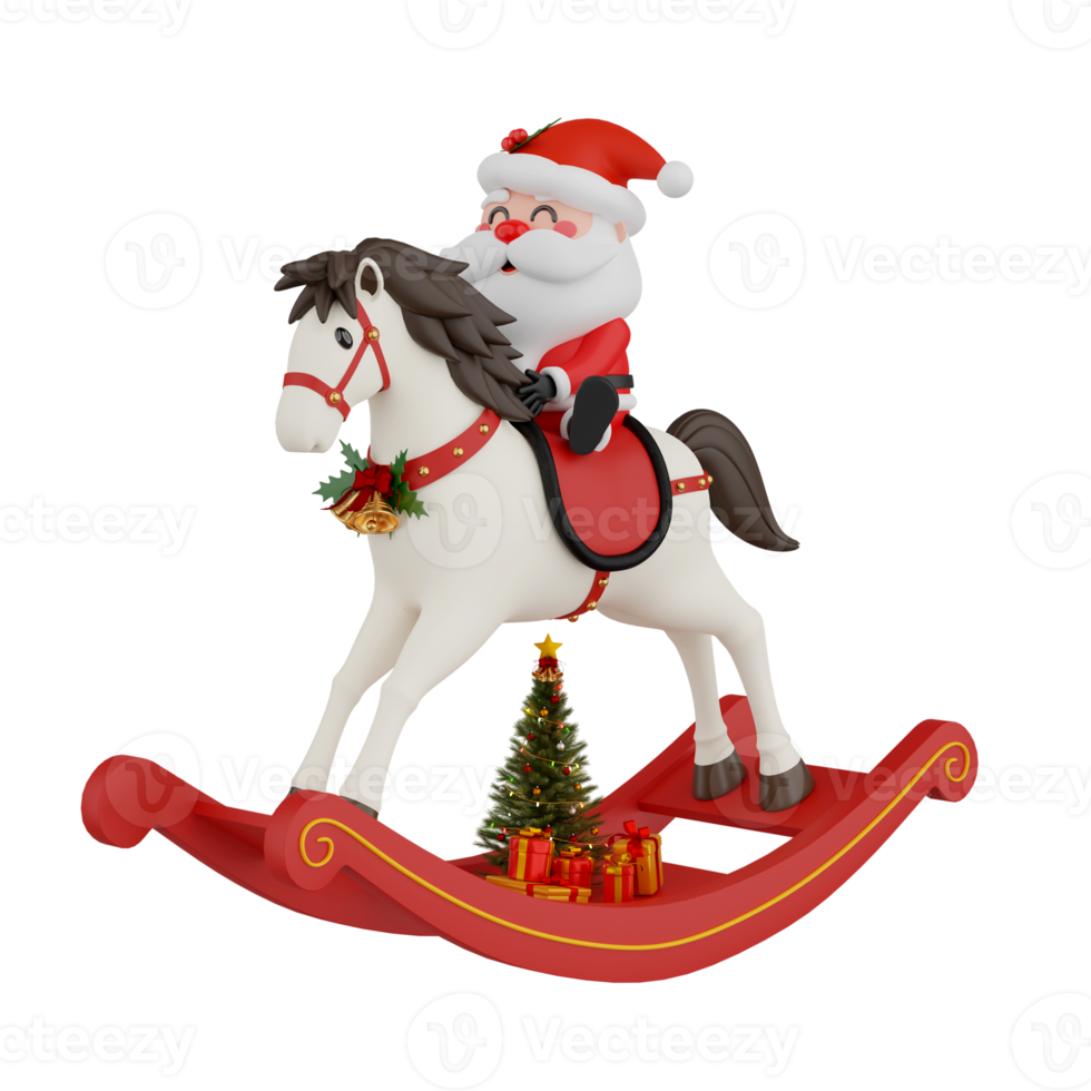 papai noel no cavalo de balanço isolado renderização 3d png