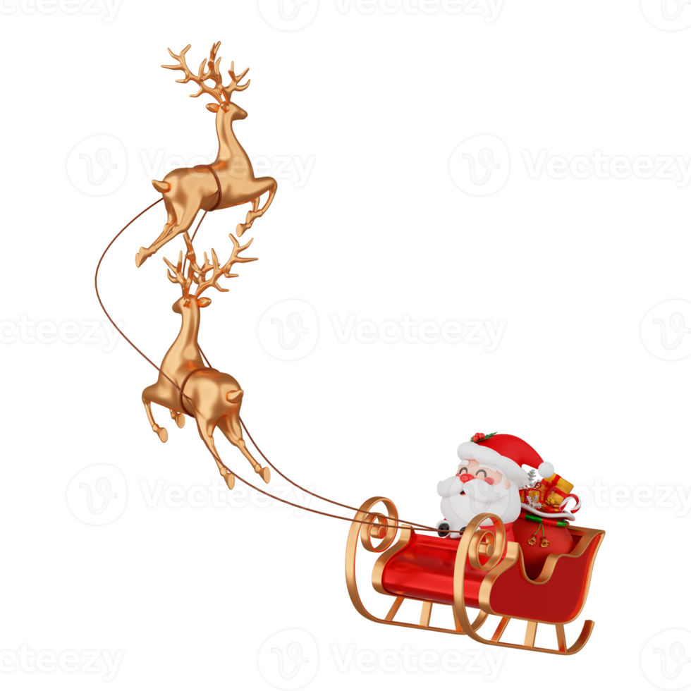 Santa Claus su slitta con renna isolato 3d rendere png