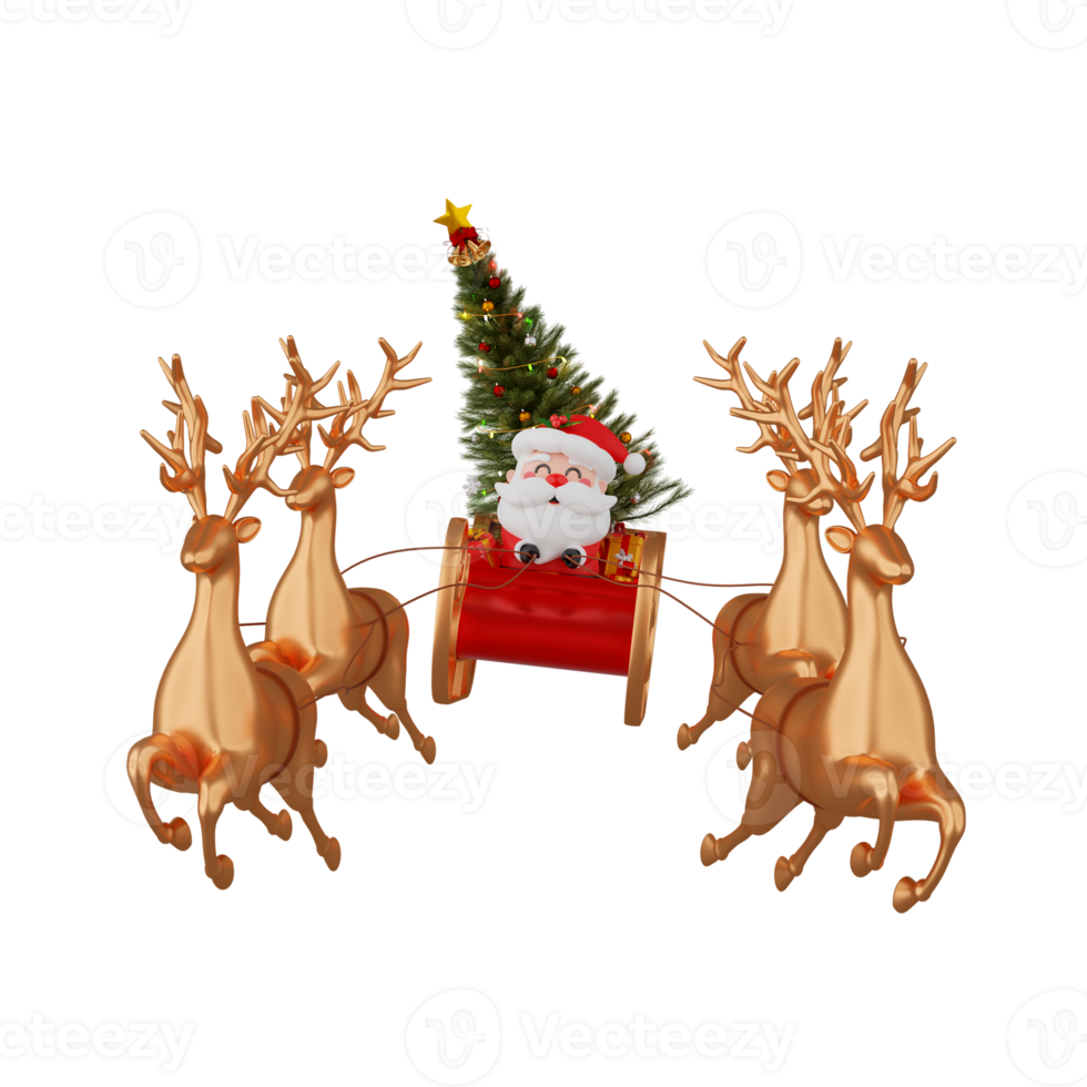 Santa Claus on sleigh with reindeer isolated 3d render png