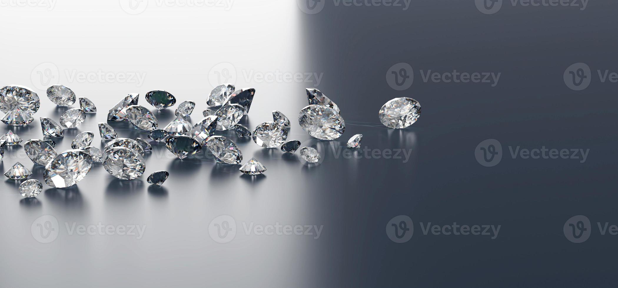 Group of diamonds placed on glossy background, 3d Rendering. photo