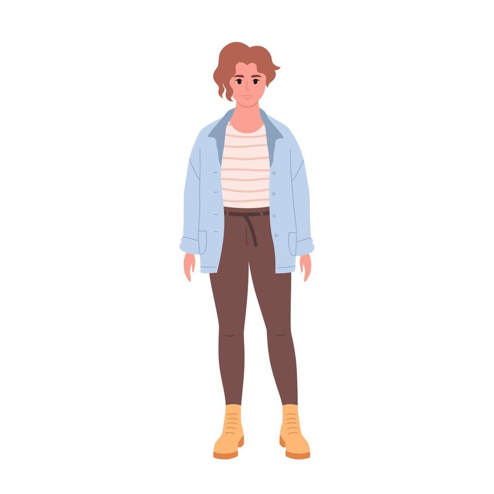 mujer joven moderna con pelo corto en ropa casual. aspecto de moda con estilo. camisa, jeans, botas vector