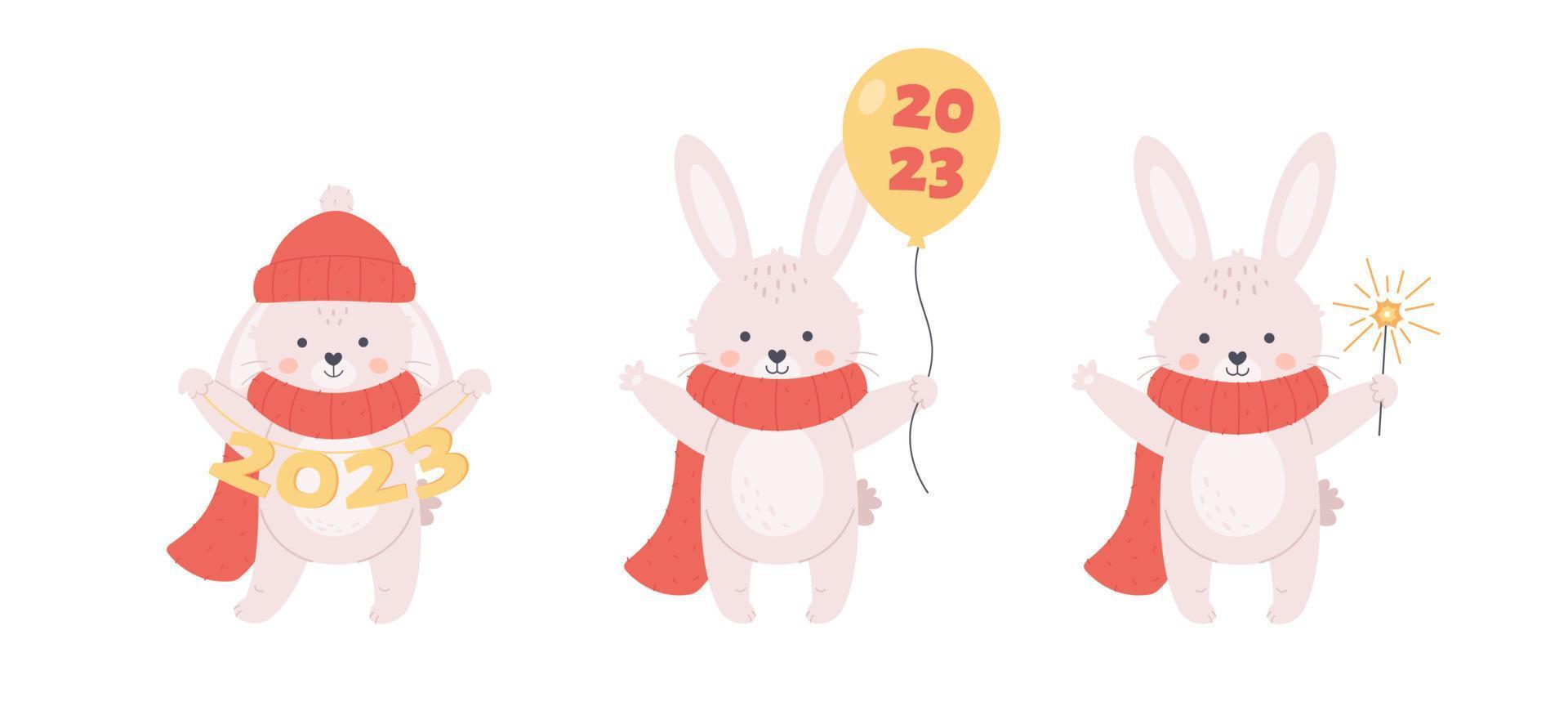 Cute white bunnies collection. Rabbit wishes a Happy New Year 2023. Year of the Rabbit. Winter holidays vector