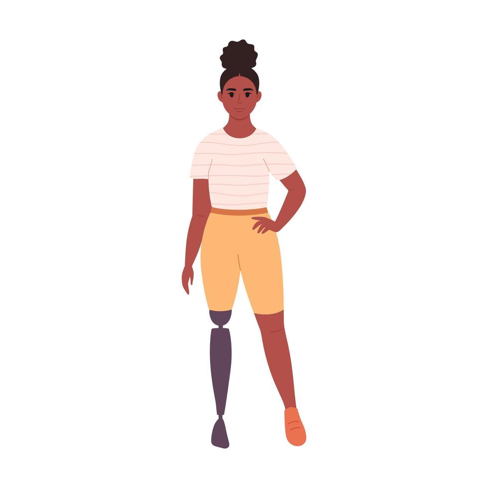 Disabled young black woman with prosthetic leg. Female character with a physical disability. vector