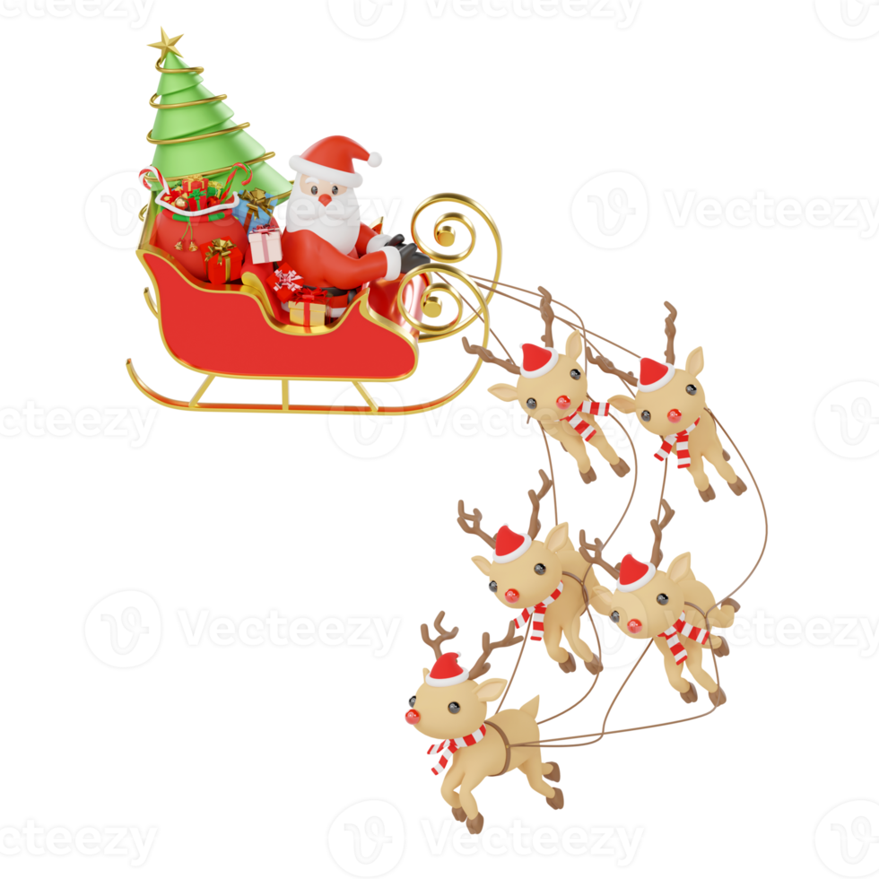 Santa Claus on a sleigh with reindeer isolated 3d render png