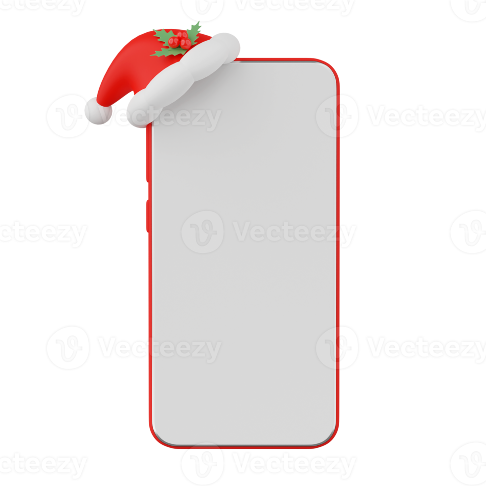 Blank screen smartphone with Santa hat isolated 3d render png