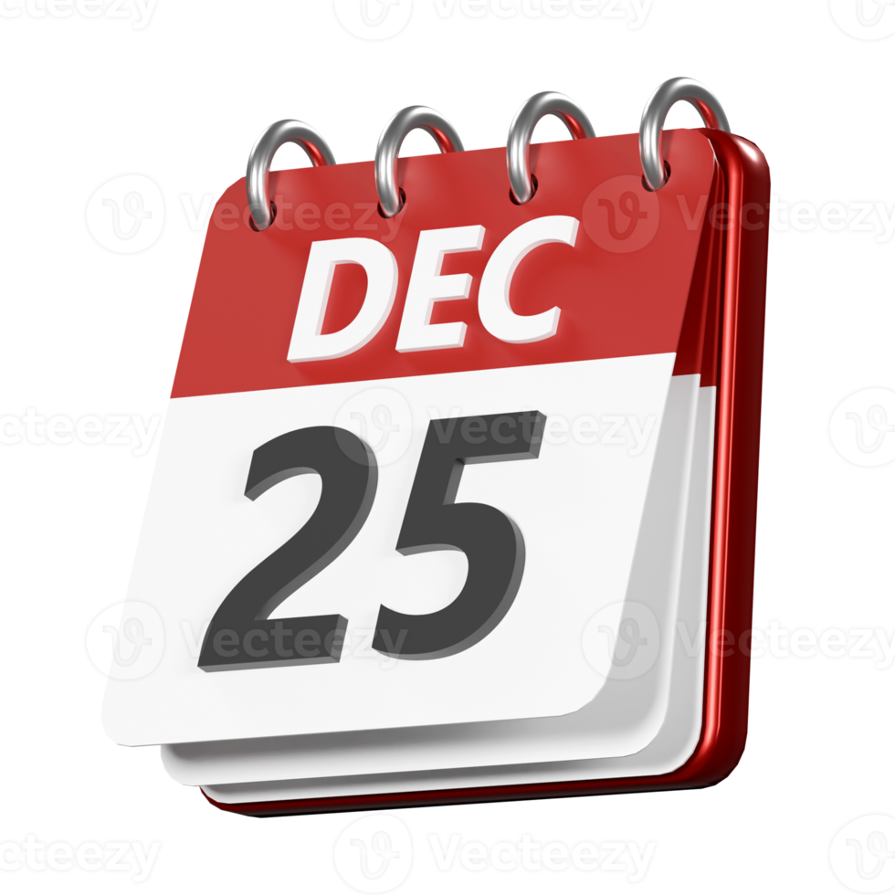 Calendar Christmas day isolated 3d render png