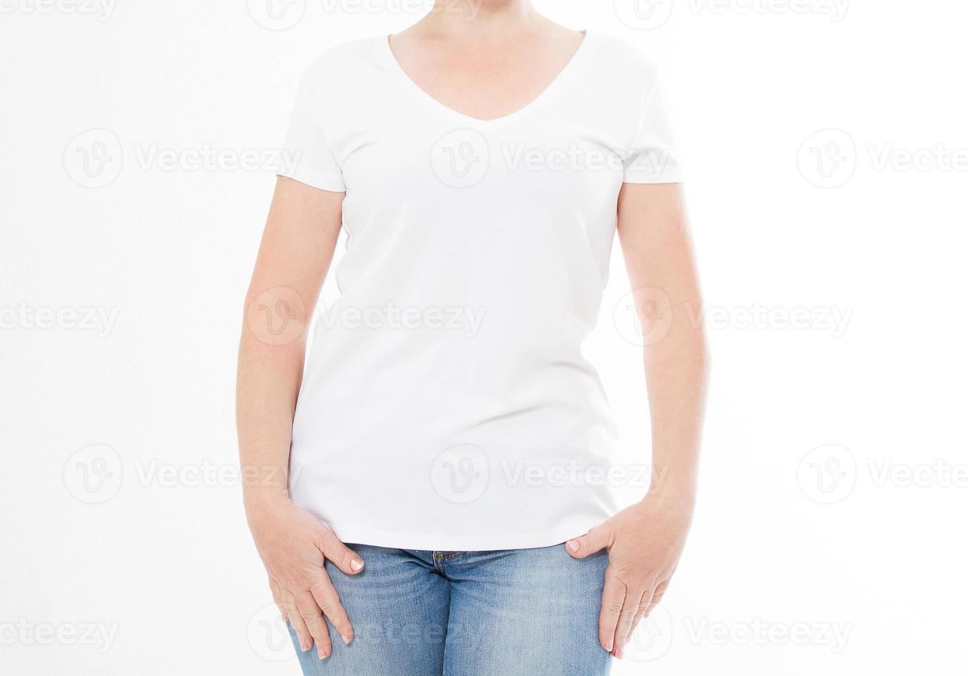 cropped portrait woman in shirt isolated on white background, copy space photo