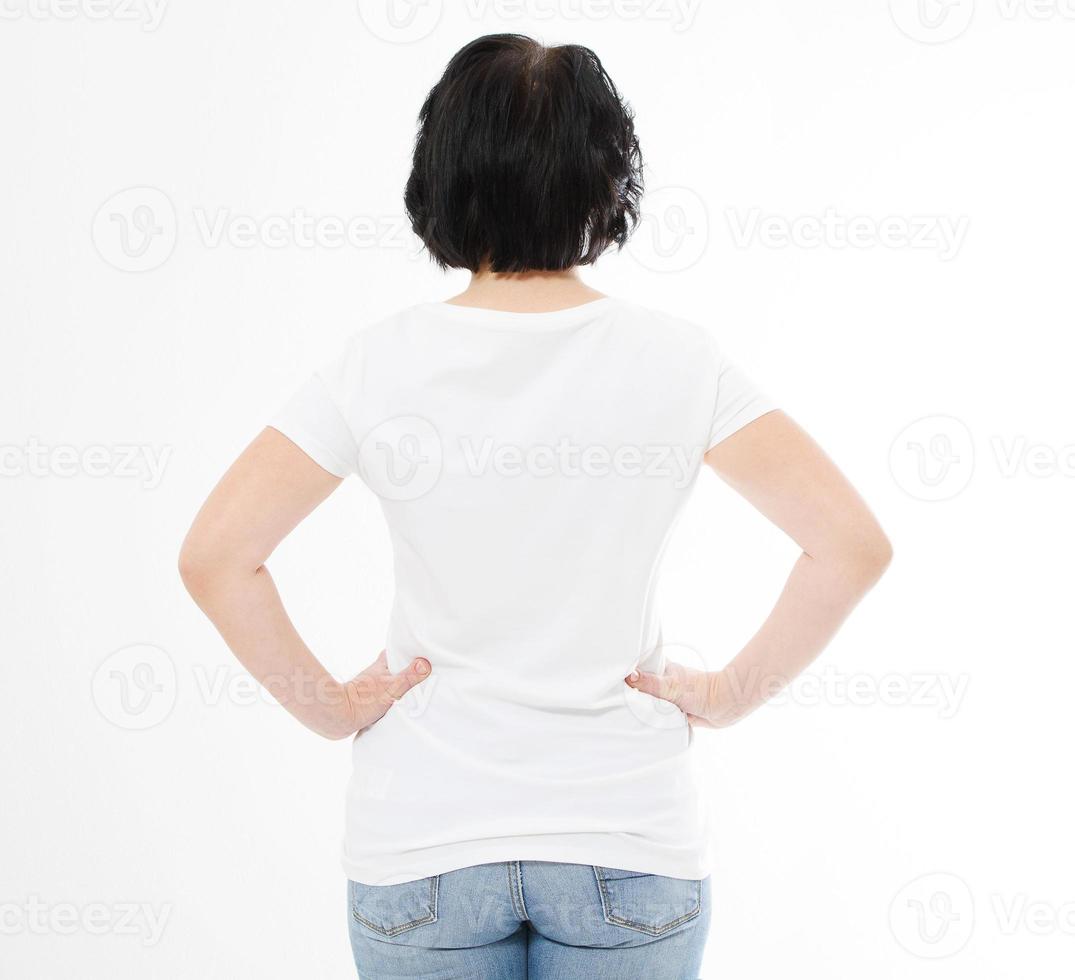 back view middle age woman in tshirt on white background. Mock up for design. Copy space. Template. Blank photo