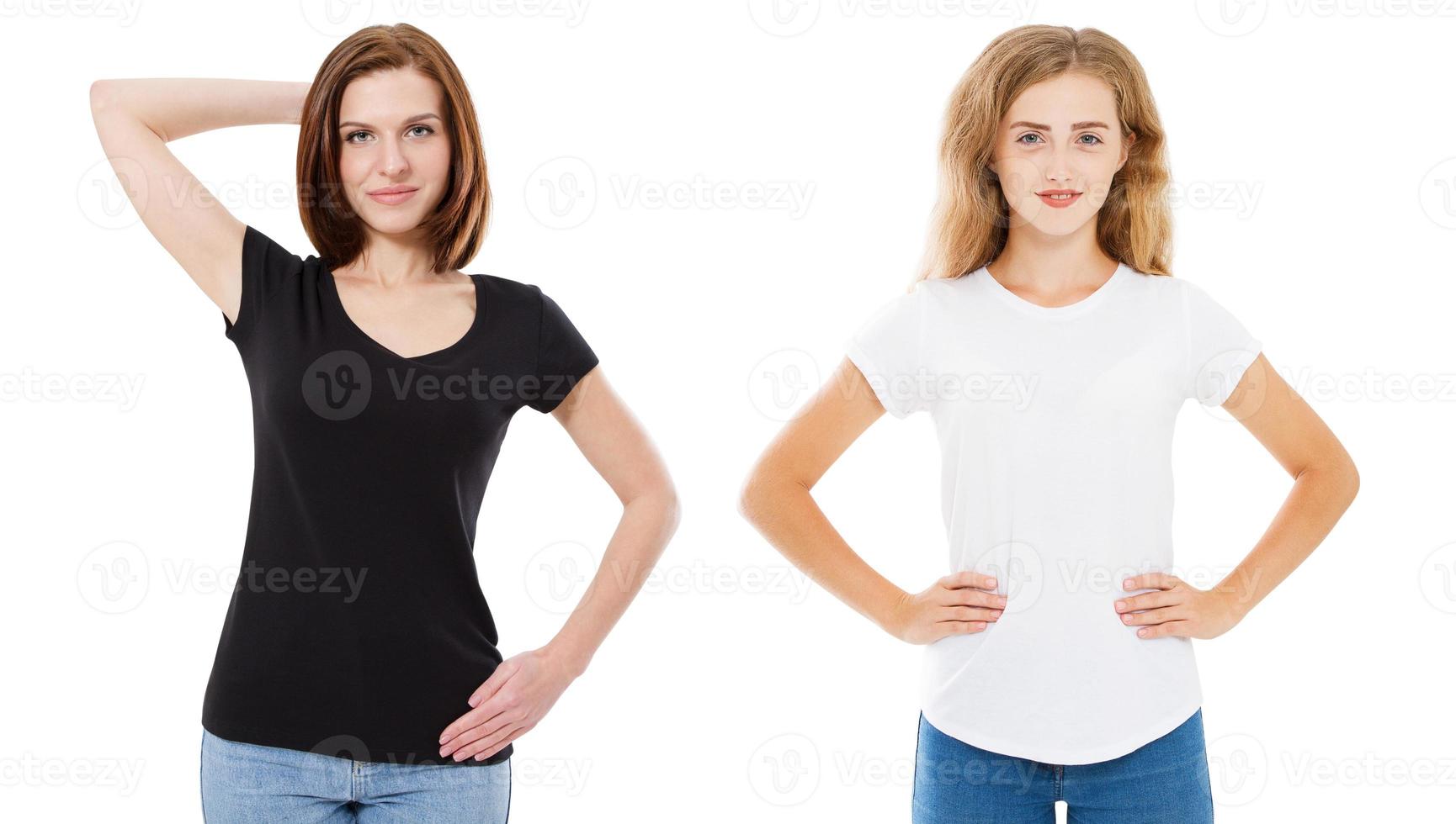 T-shirt design and people concept - close up of young two woman in shirt blank black and white tshirt isolated. Girl t shirt set mock up. photo