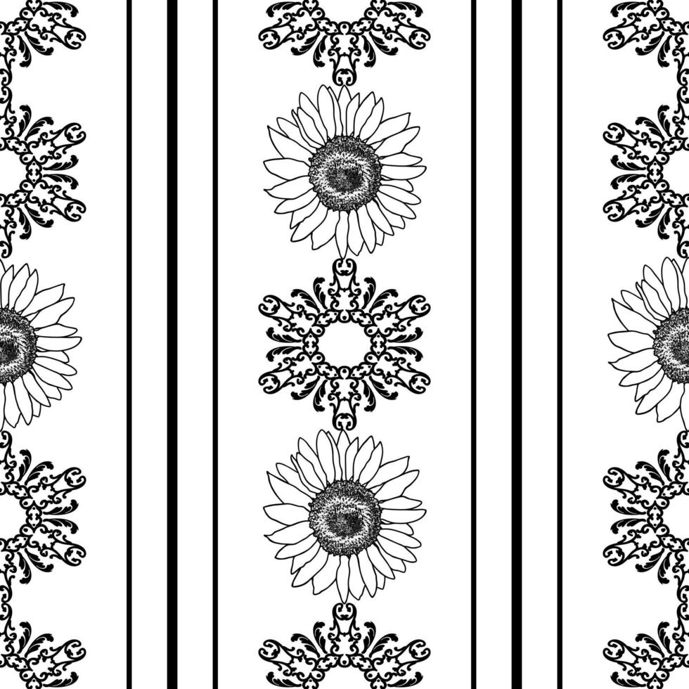 Black and white abstract wallpaper with flowers and ornaments. Seamless pattern. Vector illustration.
