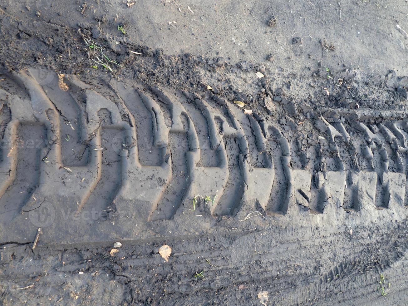 Heavy machinery wheel marks on wet ground. Tractor tire track photo