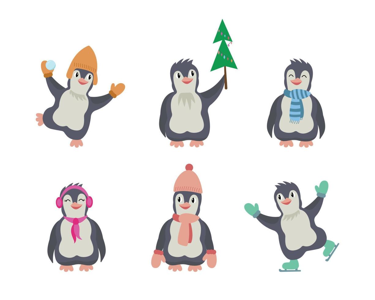 Christmas collection of cute cartoon penguins with warm clothes. Winter vector baby illustration for children print.