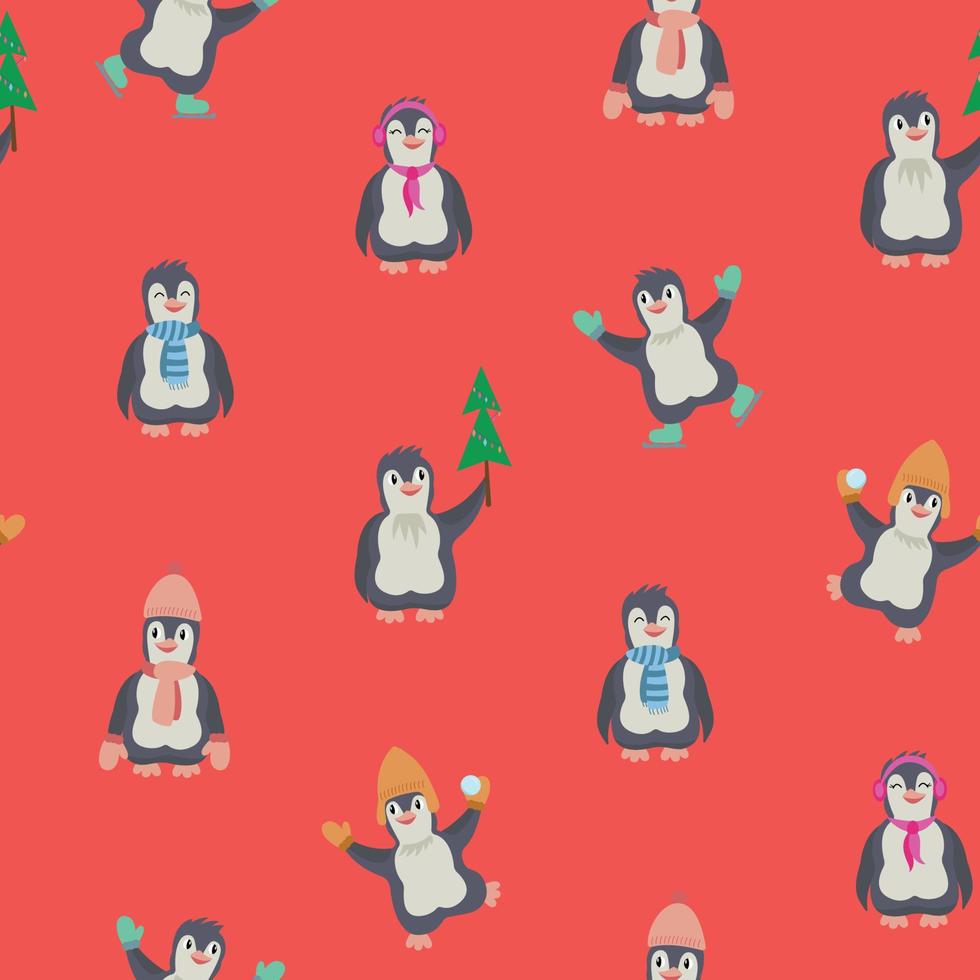 Winter seamless pattern of cute cartoon penguins with warm clothes and Christmas trees on red background. Winter vector baby illustration for children print. Ready for Christmas.