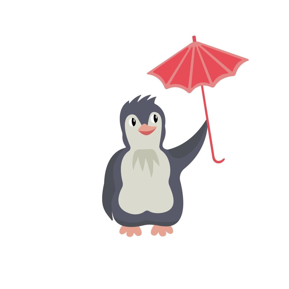 Cute cartoon penguin with a bright umbrella. Vector baby illustration for children print.