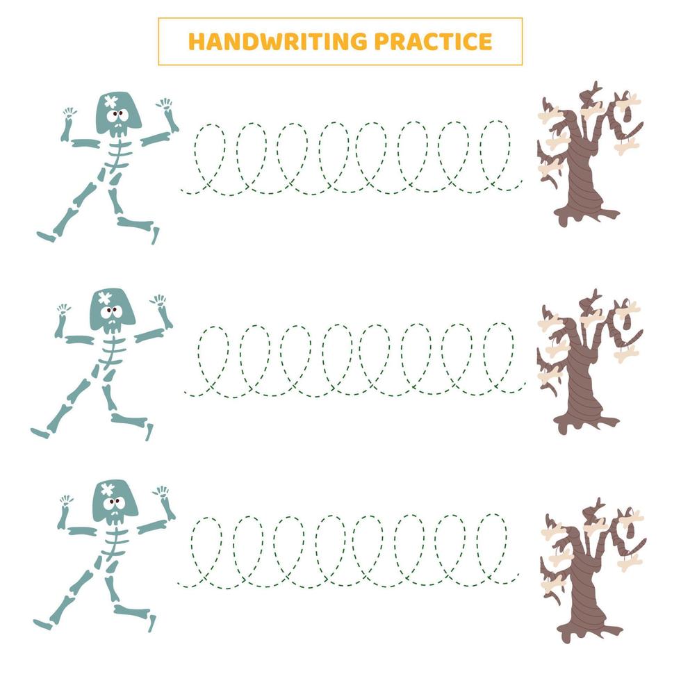 Handwriting practice for kids with cartoon skeleton and tree. vector