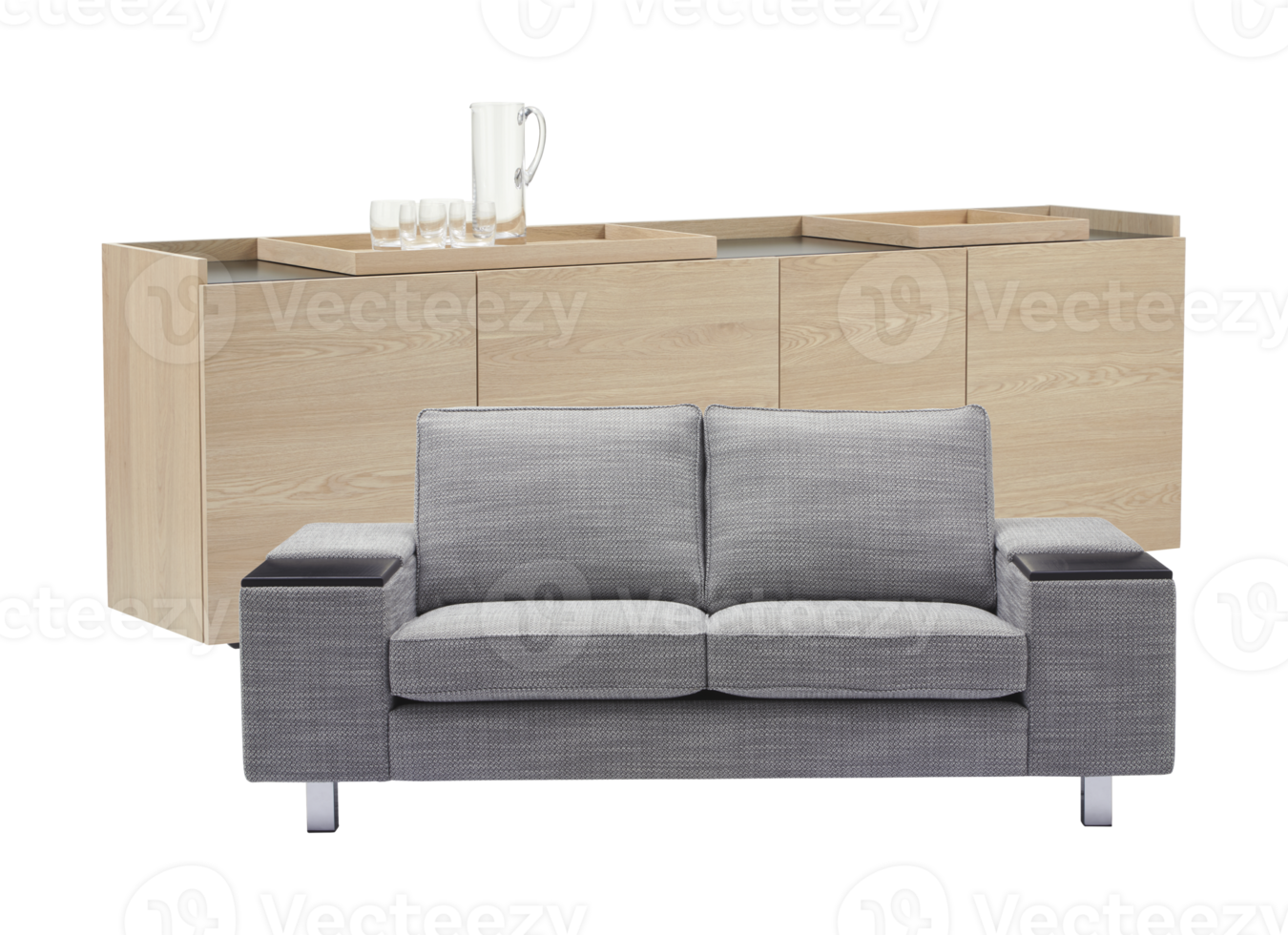 graues Sofa mit Holzschränken in Eichenfarbe zurück ausgeschnittener transparenter Hintergrund png