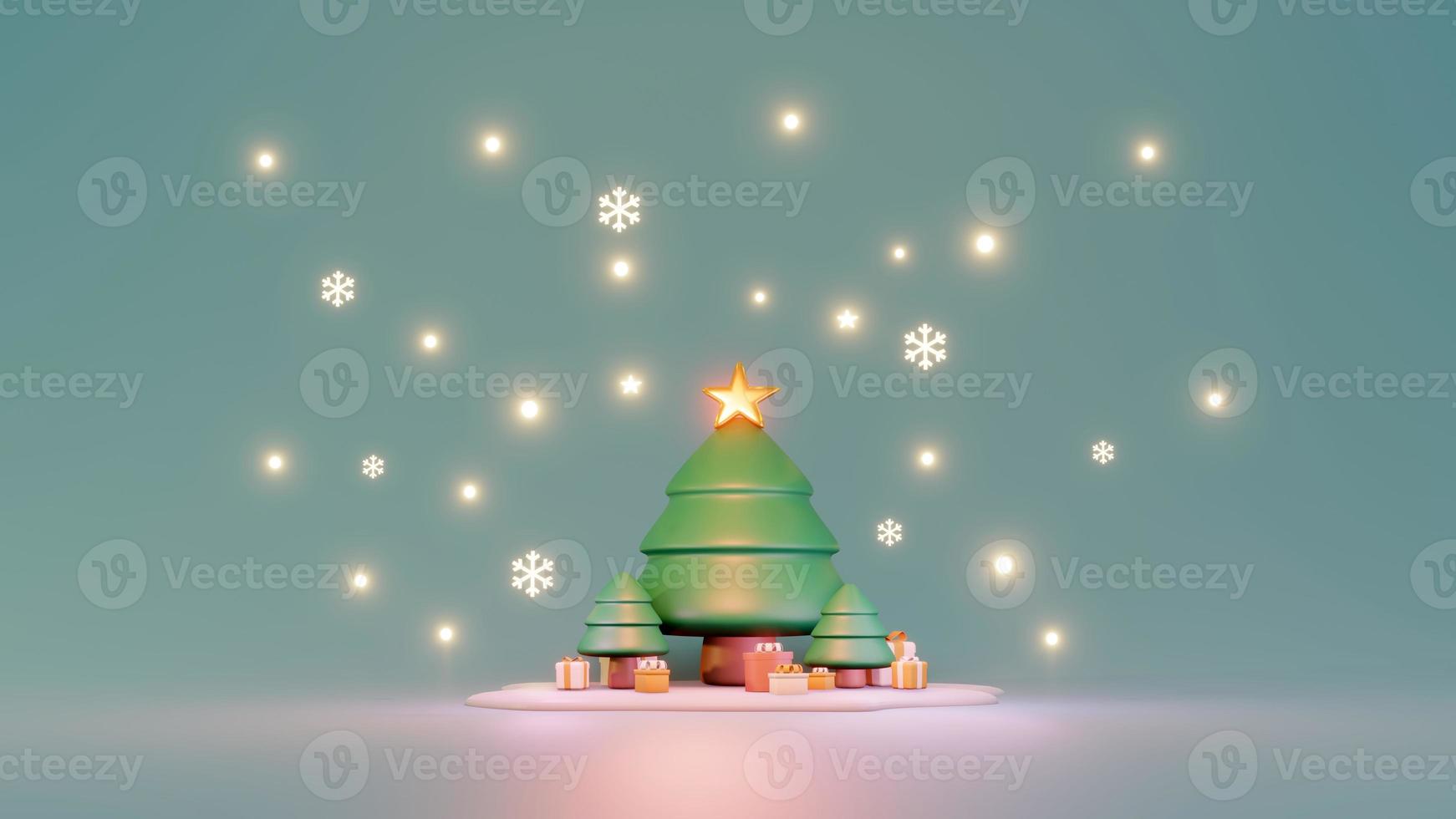 3D Rendering concept of gift box Christmas tree and shiny star on blue background. 3d render cartoon style. photo