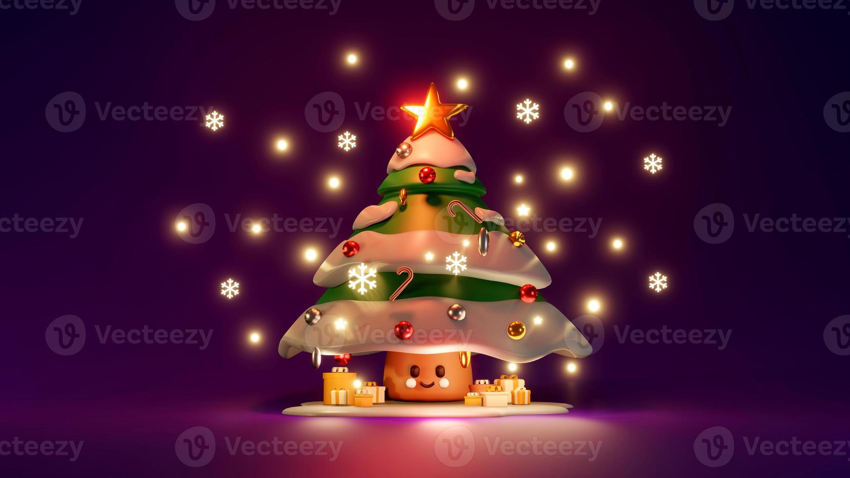 3D Rendering concept of gift box and Christmas tree in dark on background. 3d render cartoon style. photo