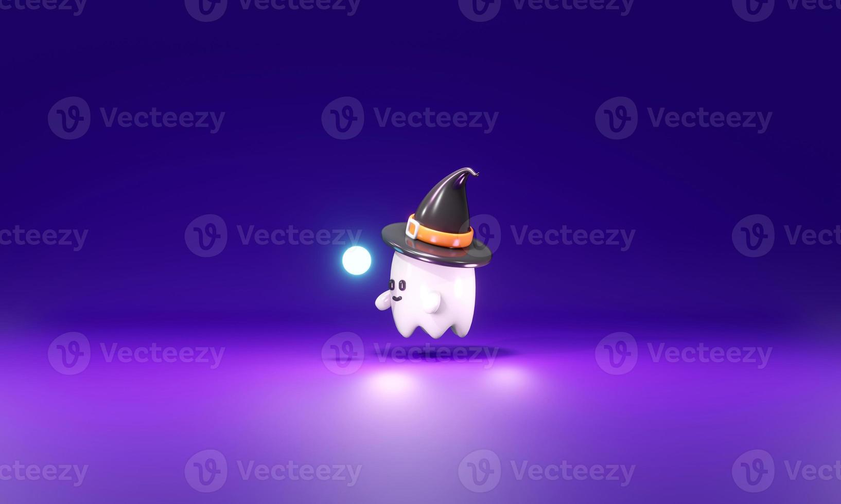 3D Rendering of cute little ghost looking at magic light concept of Halloween background. 3d render cartoon style. photo