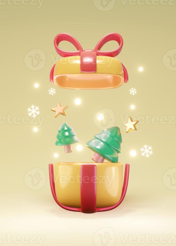 3D Rendering concept of gift box open with Christmas tree and decoration elements on background. 3d render cartoon style. photo