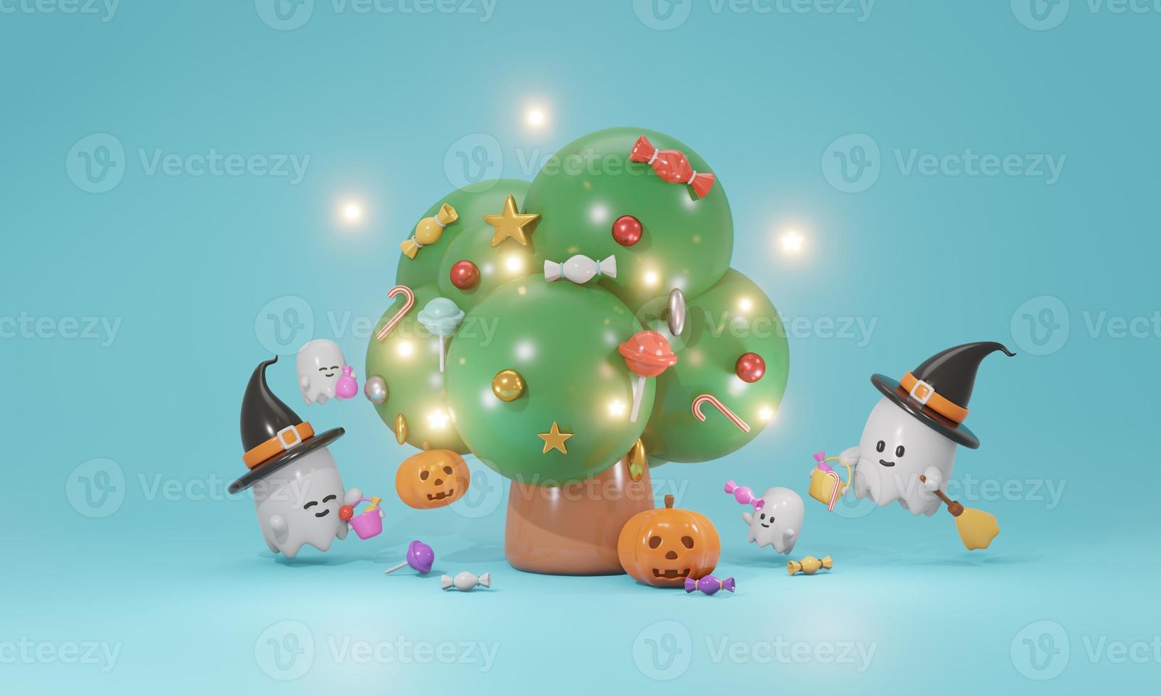 3D Rendering of tree with candy ghost and pumpkin concept of Halloween background. 3d render cartoon style. photo