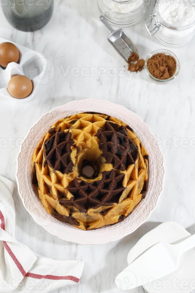 Top View Beautiful Marble Bundt Cake. photo