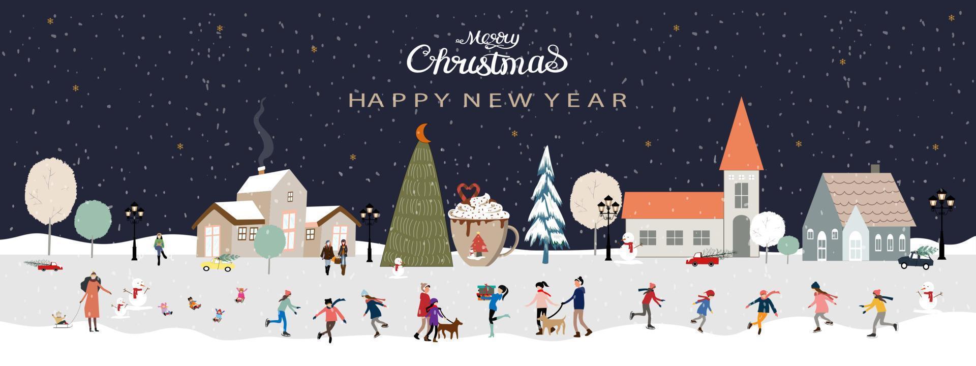 Winter scene at night with snowing and people celebrating orhaving fun in the city park at night with dark blue sky background,Vector backdrop for Christmas and Happy New Year 2023 banner vector