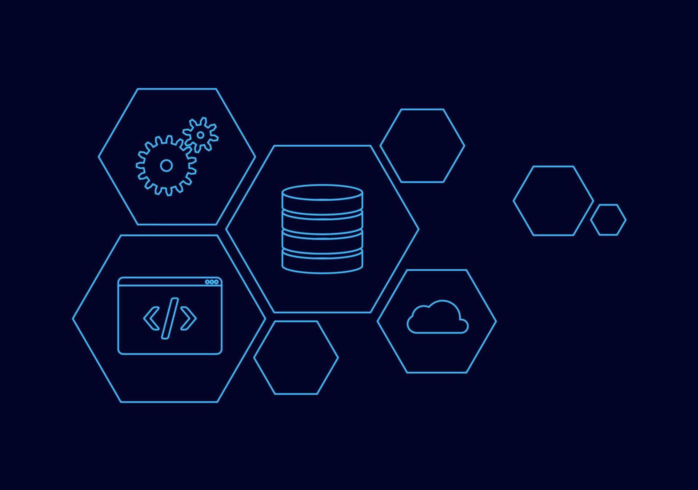 API Service Illustration Icon with Terminal Prompt Database Configuration and Cloud in Blue Hexagon Shape vector