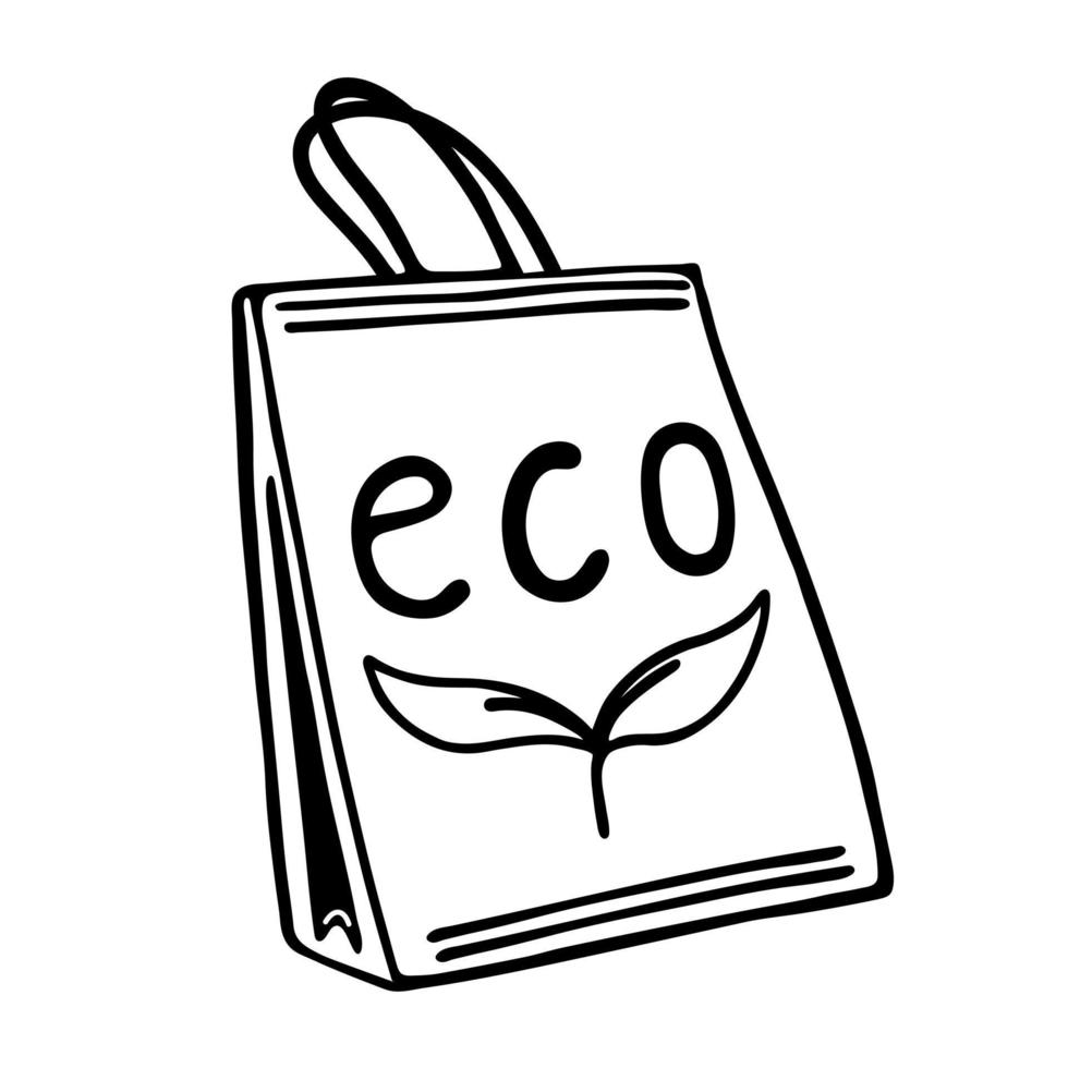 bolsa ecológica reutilizable de papel con hojas de plantas. icono de vector dibujado a mano aislado en blanco. sin plástico, vuélvete ecológico, cero residuos. contenedor ecológico, embalaje biológico. garabato de dibujos animados para póster, impresión, logotipo, web