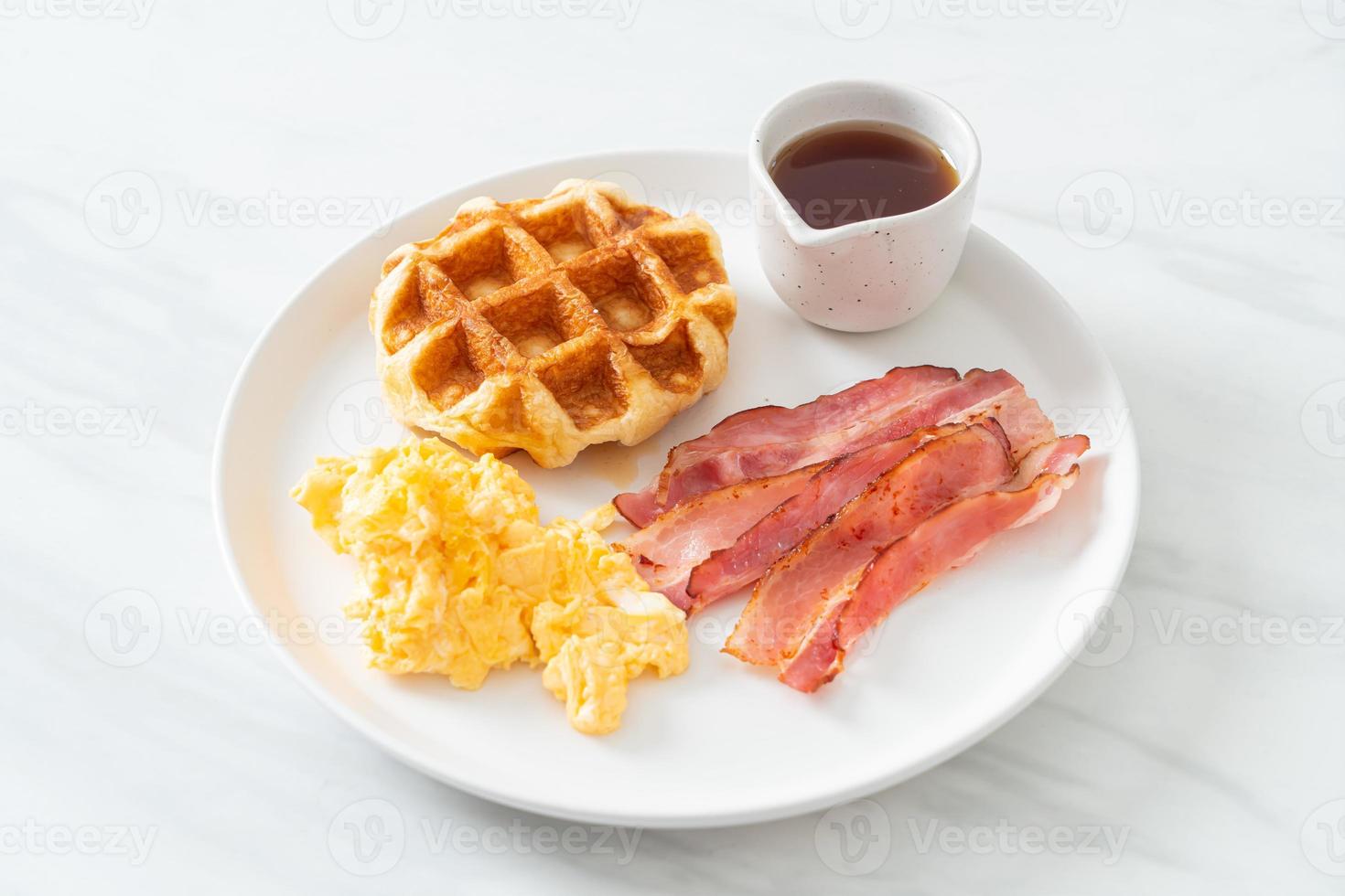 scrambled egg with bacon and waffle photo