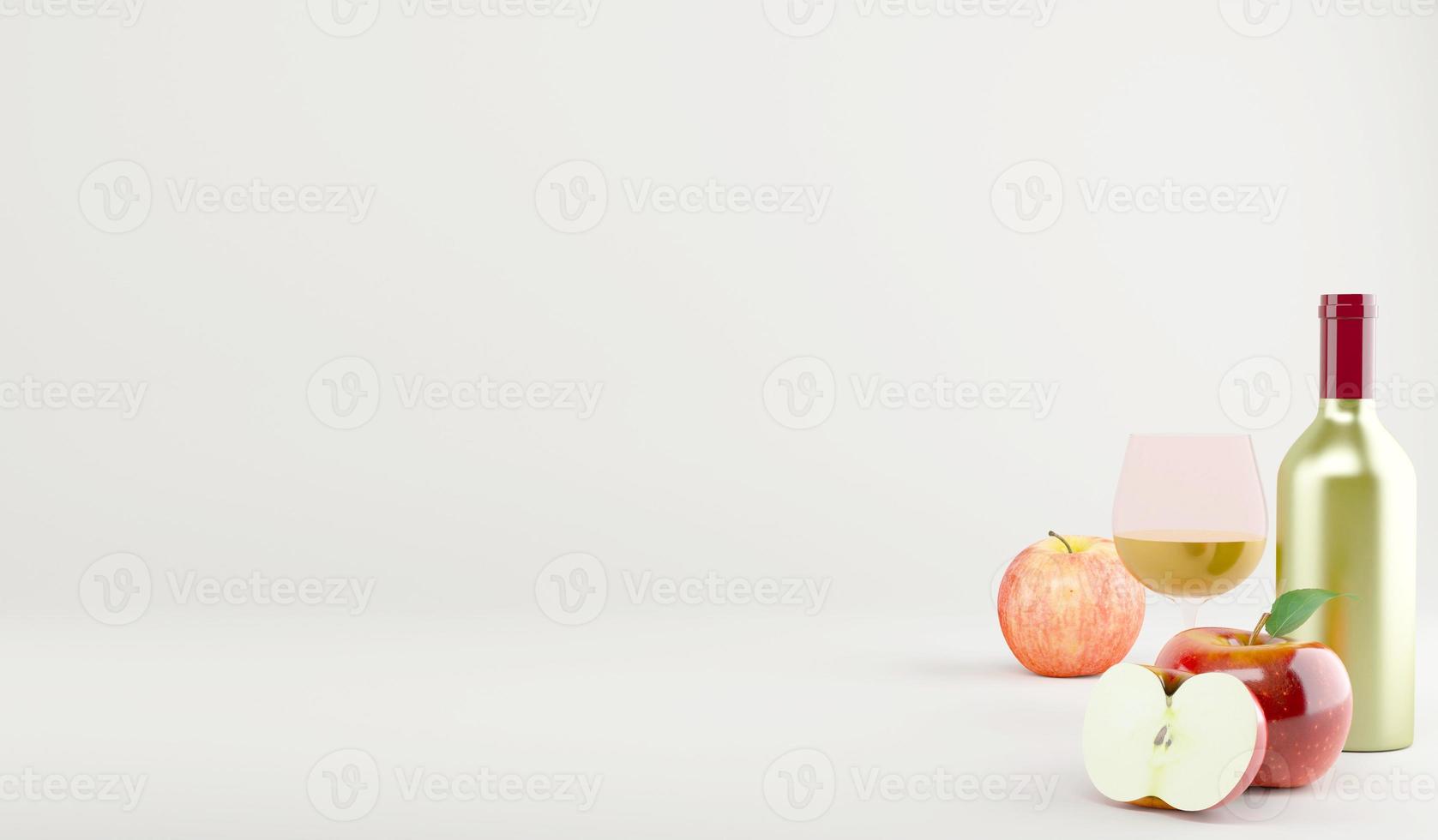 3D rendering apple wine bottle and glass for copy space on white background , 3D illustration wine concept photo