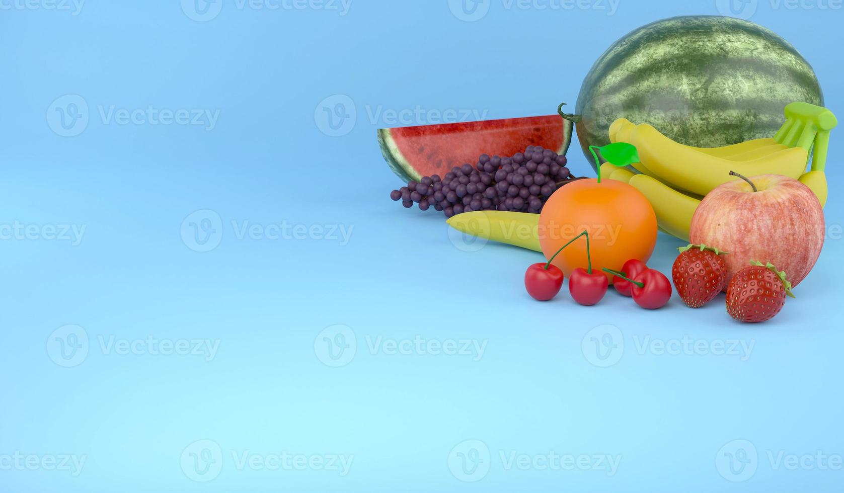 3D rendering assortment of fruits and copy space on blue background , 3D illustration fruits concept photo