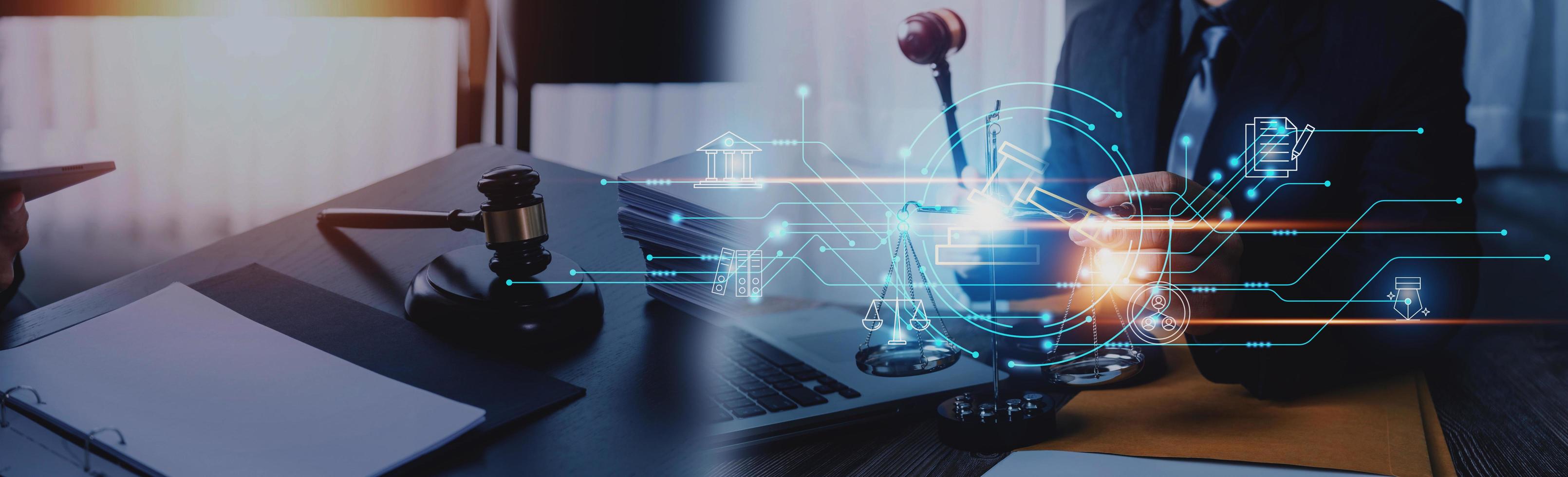 Consultation and conference of professional businesswoman and Male lawyers working and discussion having at law firm in office. Concepts of law, Judge gavel with scales of justice photo