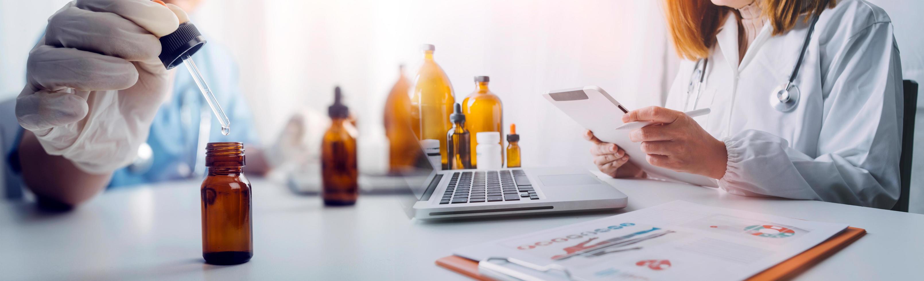 Double exposure of Doctor working with modern virtual screen interface, Healthcare And Medicine concept, Blurred background. photo