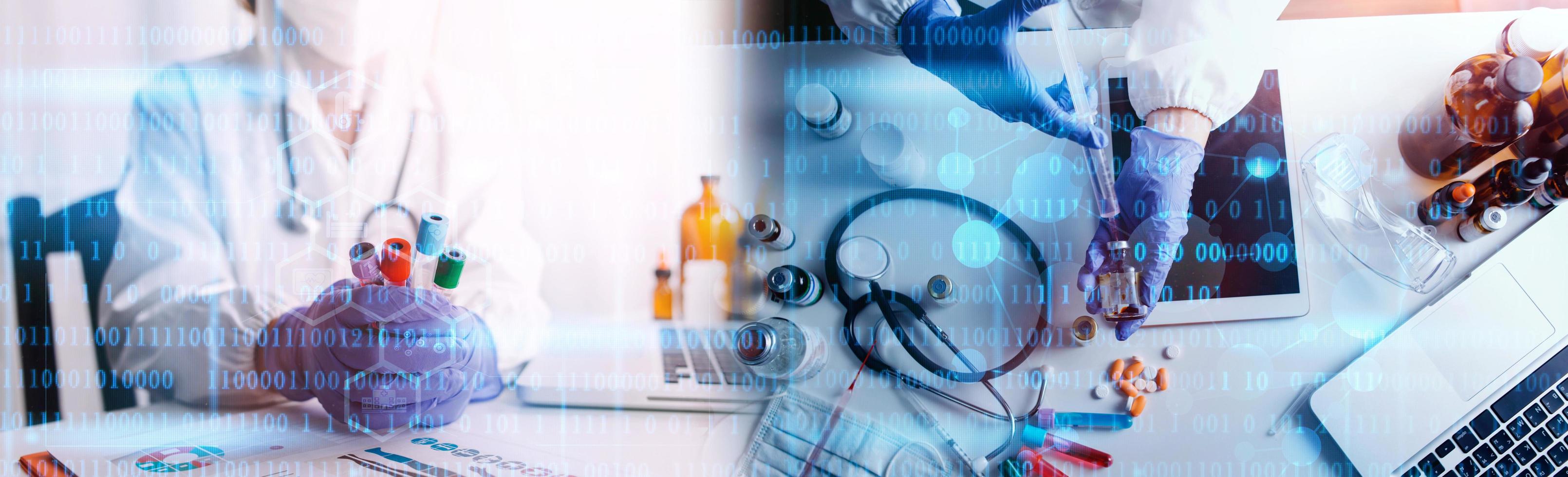 Double exposure of Doctor working with modern virtual screen interface, Healthcare And Medicine concept, Blurred background. photo