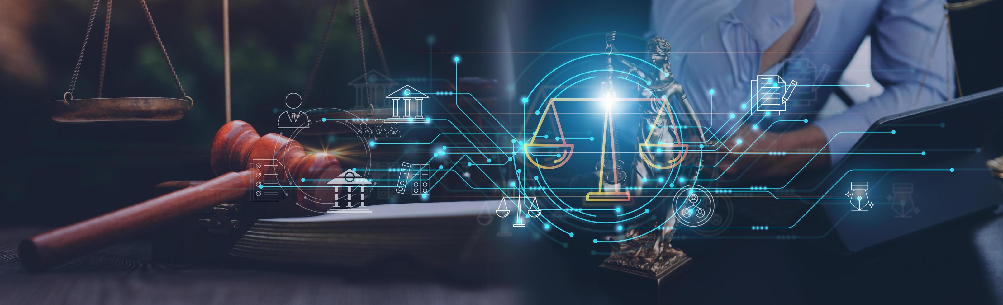 Consultation and conference of professional businesswoman and Male lawyers working and discussion having at law firm in office. Concepts of law, Judge gavel with scales of justice photo