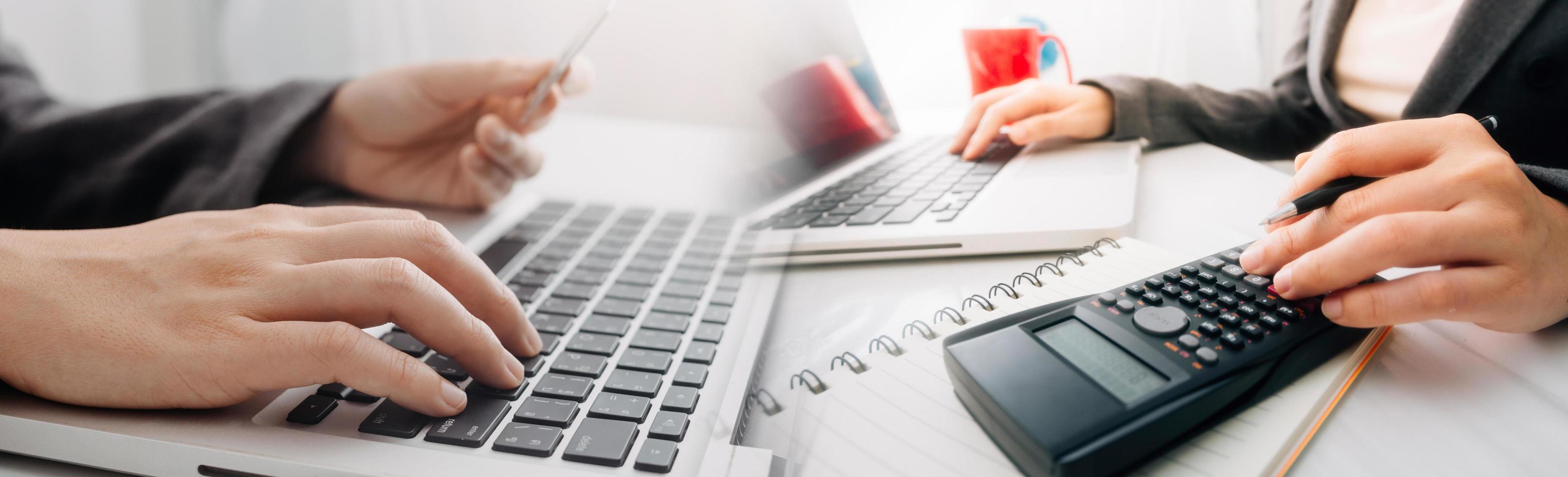 Business accounting concept, Business man using calculator with computer laptop, budget and loan paper in office. photo