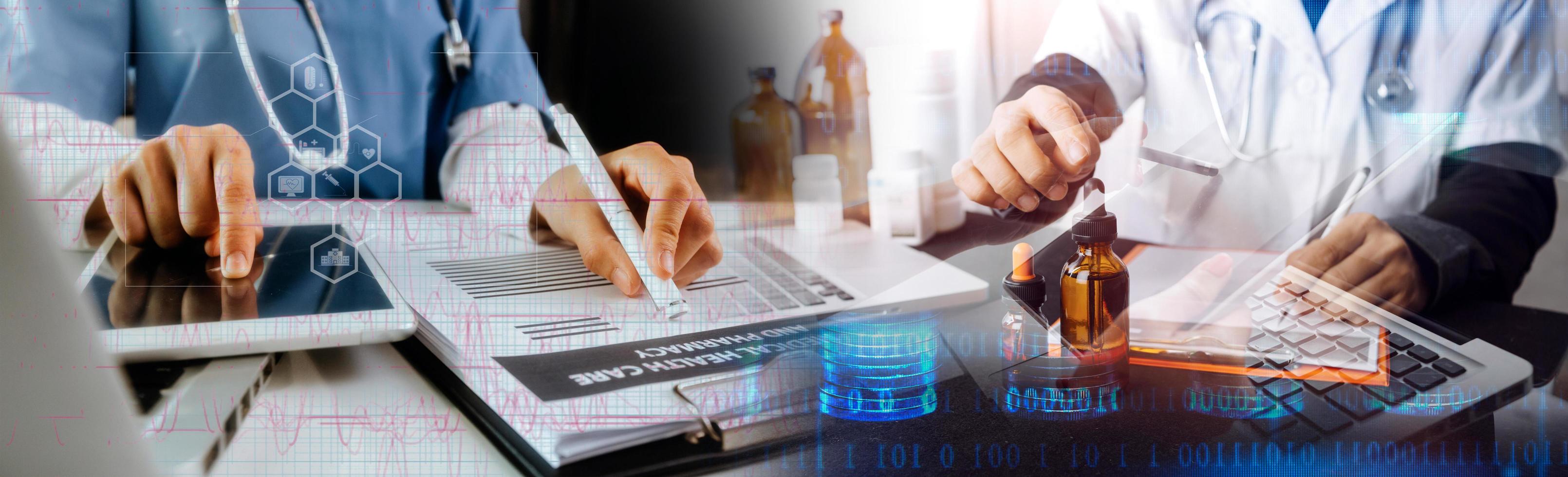 Medicine doctor hand working on a patients x-ray scans digital healthcare and connection with modern virtual screen interface icons, Medical technology and network concept. photo