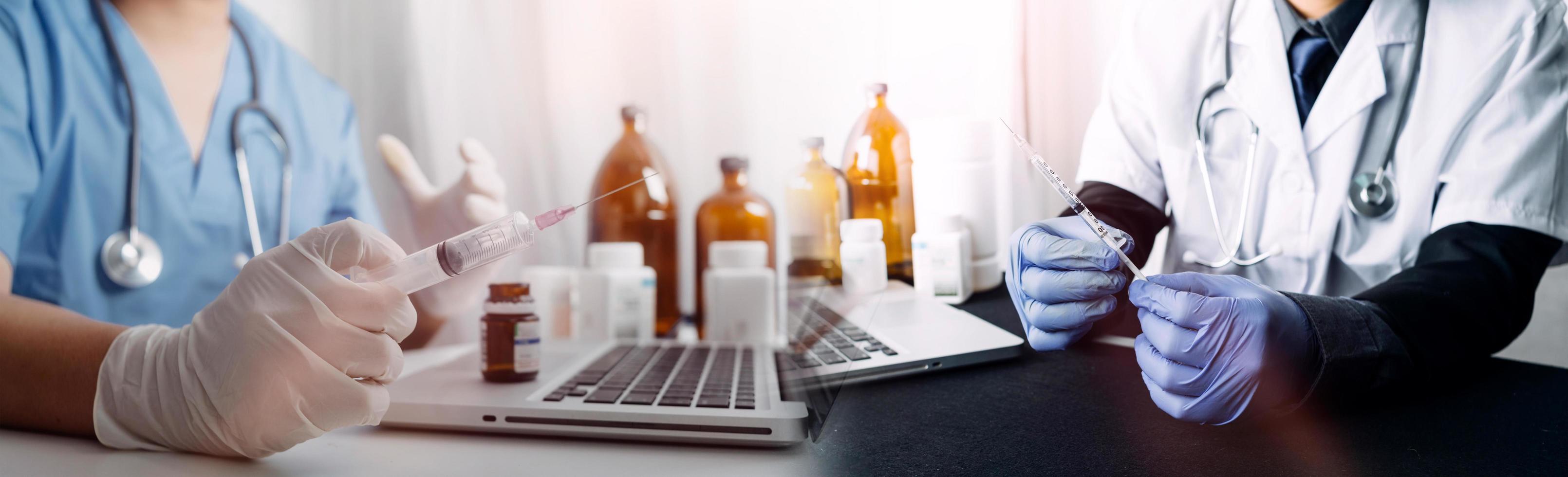 Medicine doctor hand working on a patients x-ray scans digital healthcare and connection with modern virtual screen interface icons, Medical technology and network concept. photo