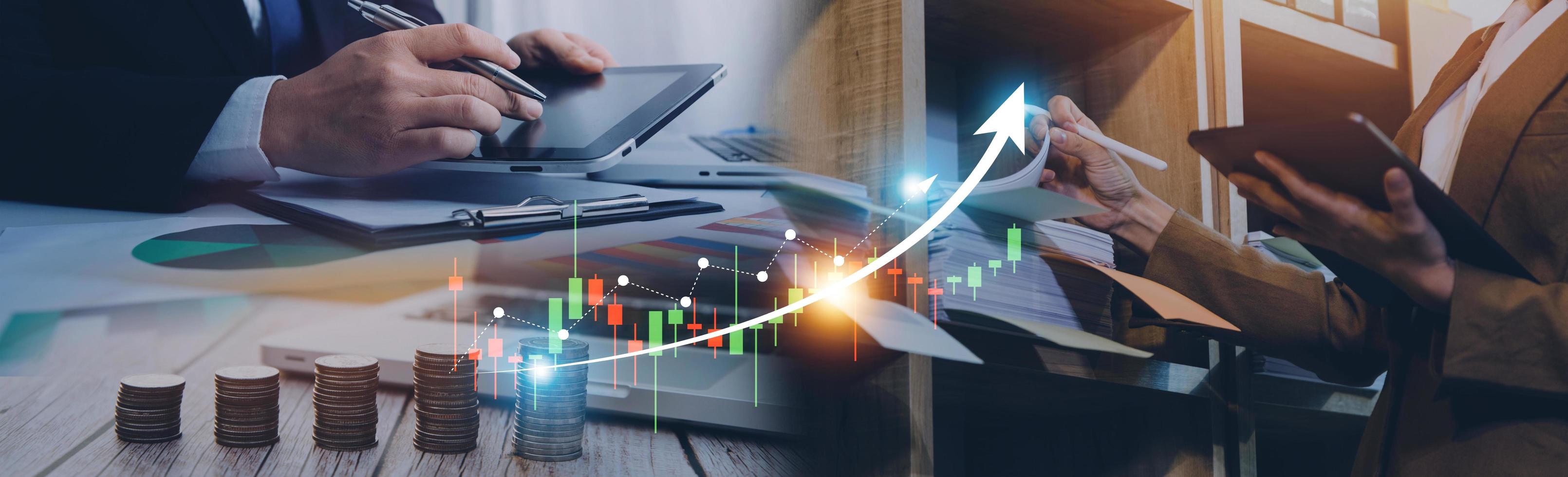 business finance technology and investment trading trader investor. Stock Market Investments Funds and Digital Assets. businessman analyzing forex trading graph financial data. photo
