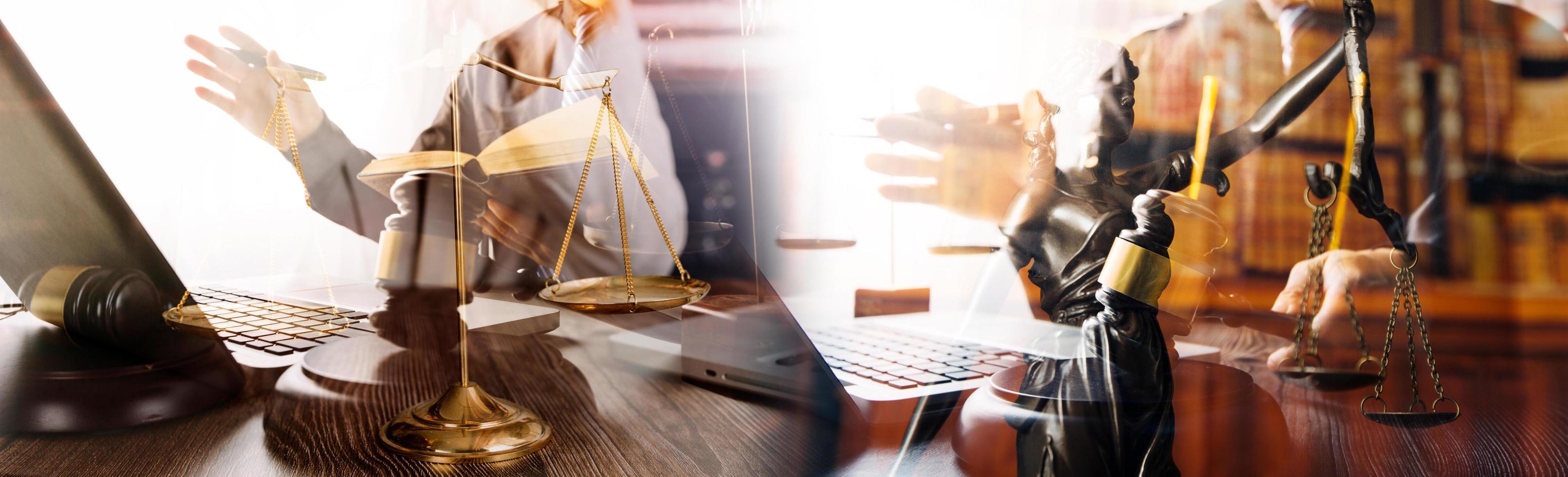 Business and lawyers discussing contract papers with brass scale on desk in office. Law, legal services, advice, justice and law concept picture with film grain effect photo