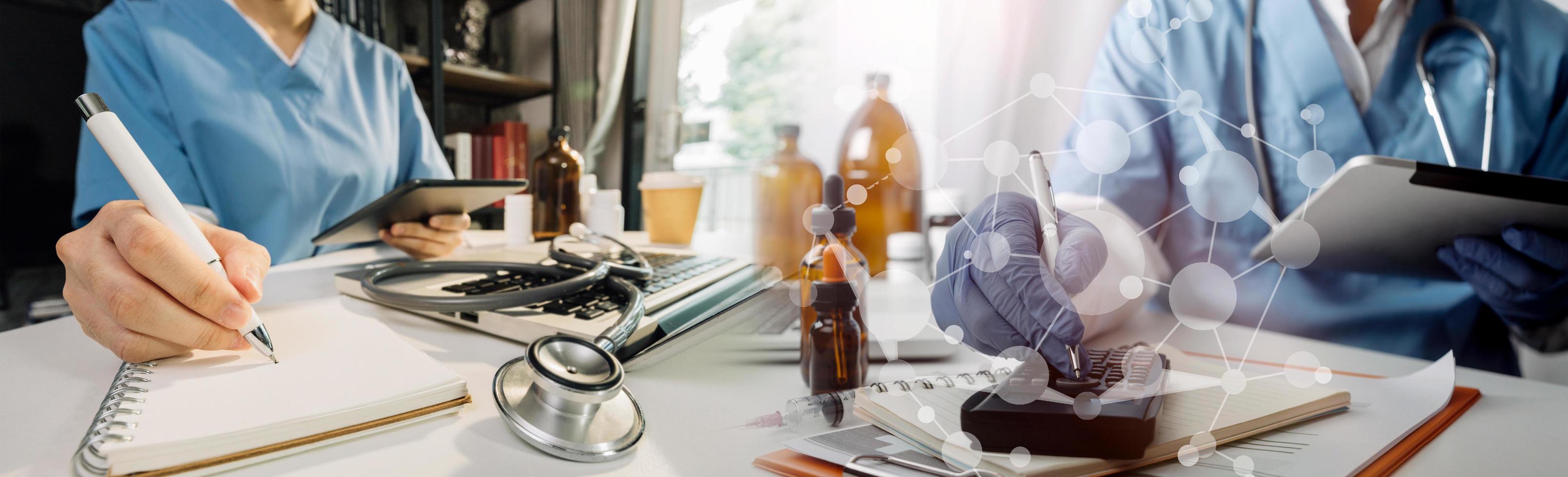 Medicine doctor hand working on a patients x-ray scans digital healthcare and connection with modern virtual screen interface icons, Medical technology and network concept. photo
