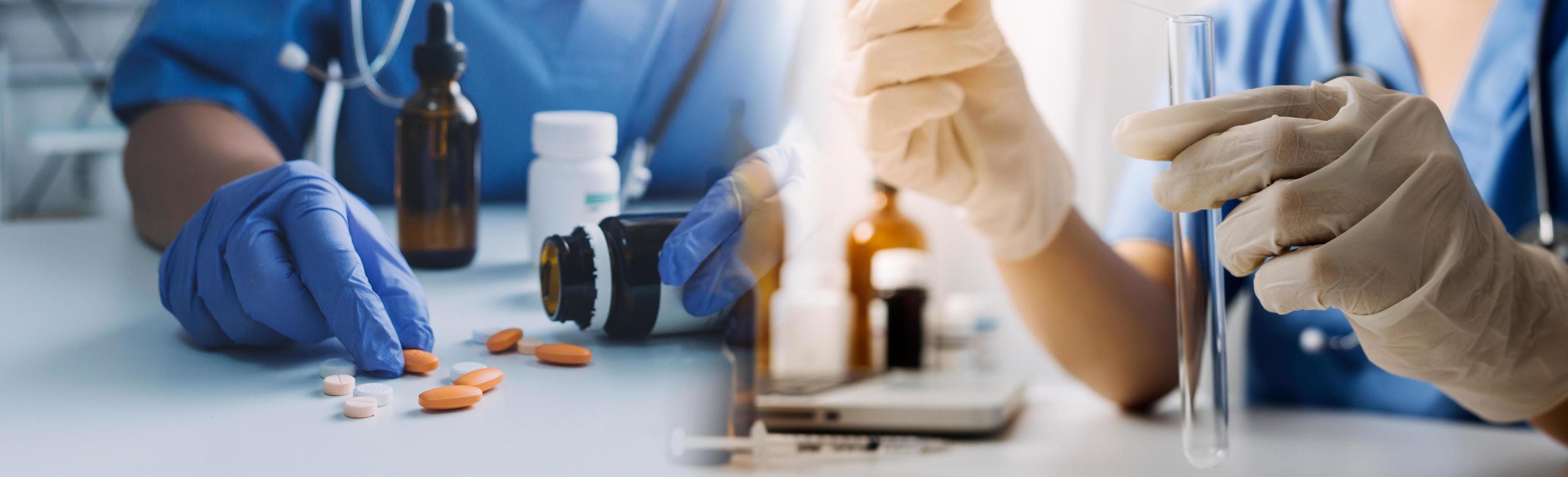Medicine doctor hand working on a patients x-ray scans digital healthcare and connection with modern virtual screen interface icons, Medical technology and network concept. photo