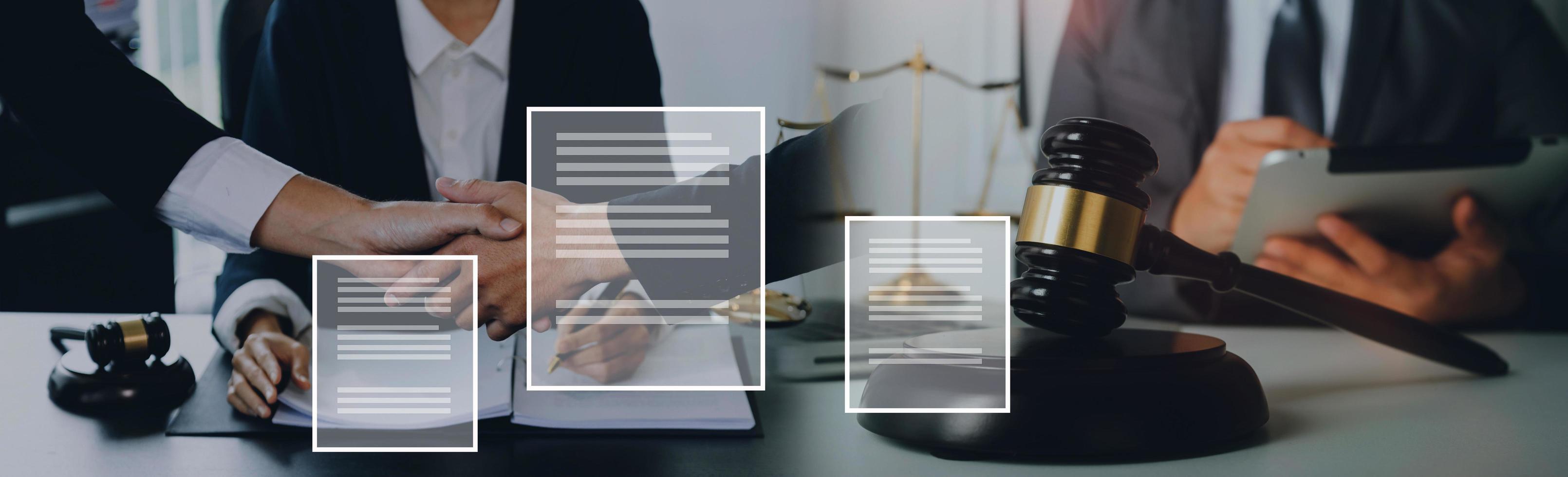 Consultation and conference of professional businesswoman and Male lawyers working and discussion having at law firm in office. Concepts of law, Judge gavel with scales of justice photo