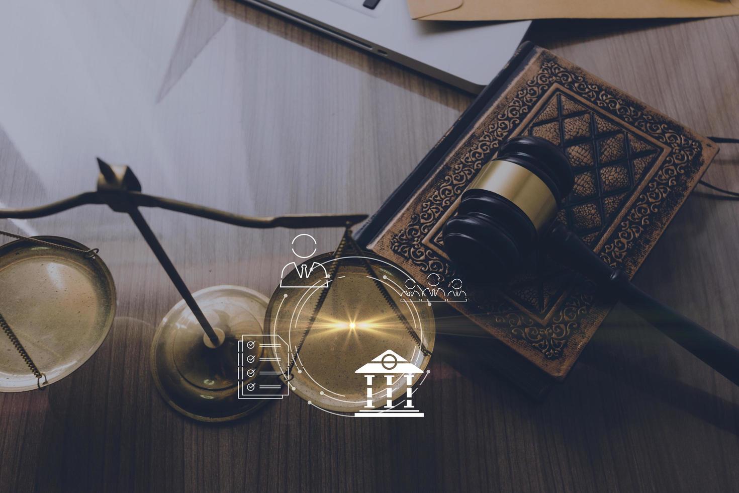 justice and law concept.Male judge in a courtroom on wooden table and Counselor or Male lawyer working in office. Legal law, advice and justice concept. photo