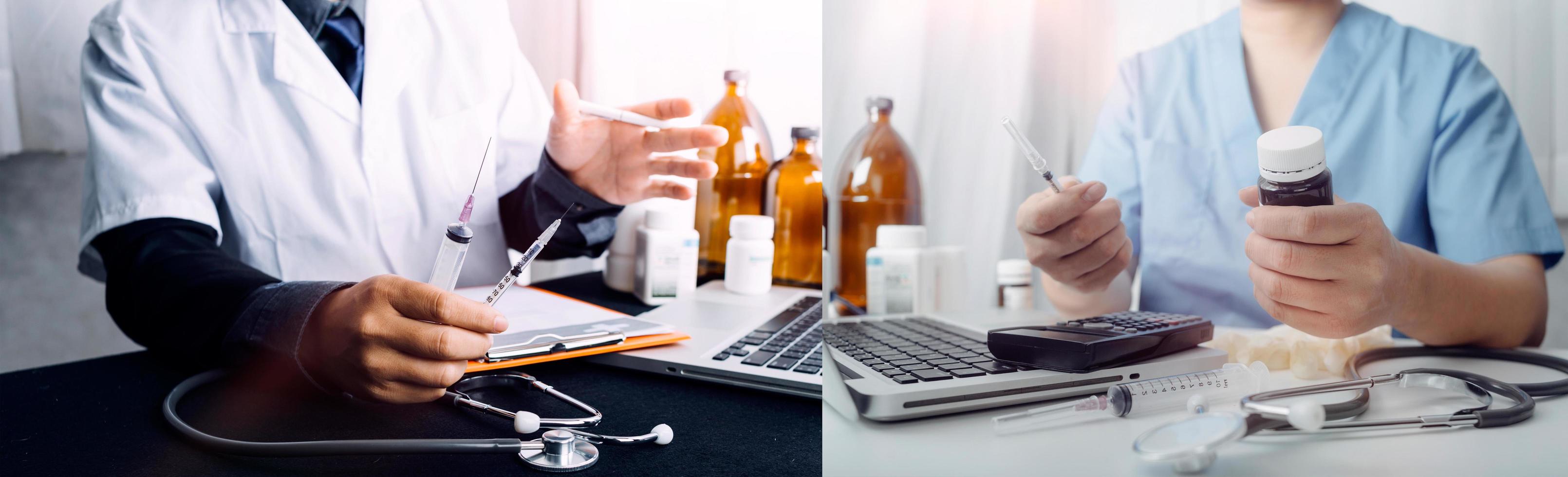 Medicine doctor hand working on a patients x-ray scans digital healthcare and connection with modern virtual screen interface icons, Medical technology and network concept. photo