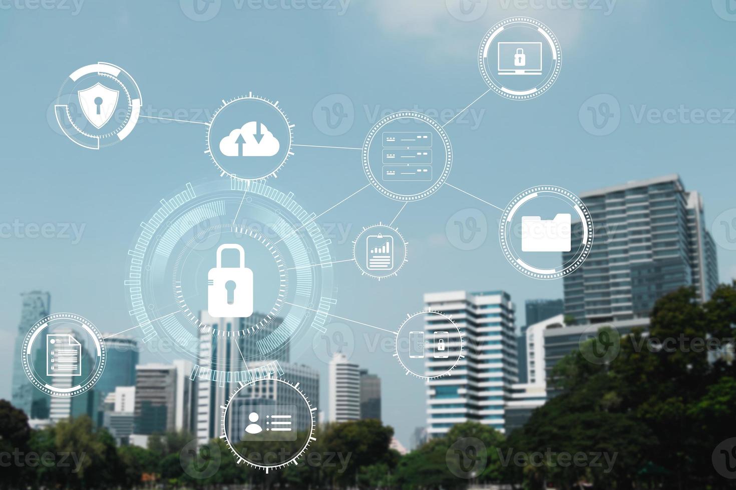 Concept of cybersecurity lock icon, protecting confidential data and privacy, internet network security technology and virtual interface, on modern city background. photo