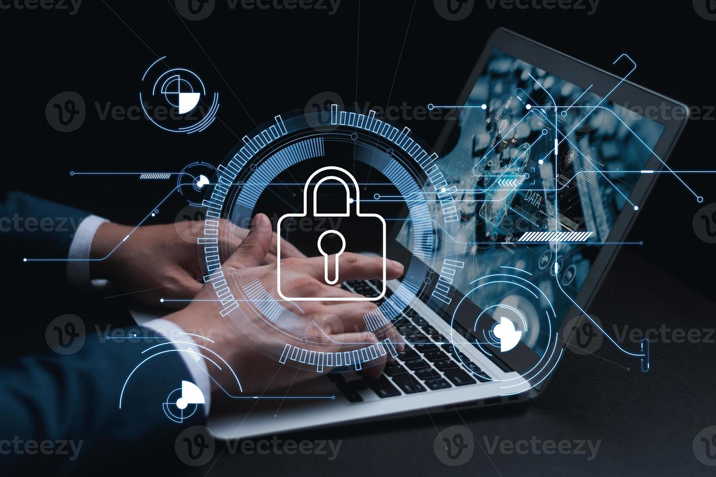 Cybersecurity and privacy concepts to protect data. Lock icon and internet network security technology. Businessmen protecting personal data on laptop and virtual interfaces. photo