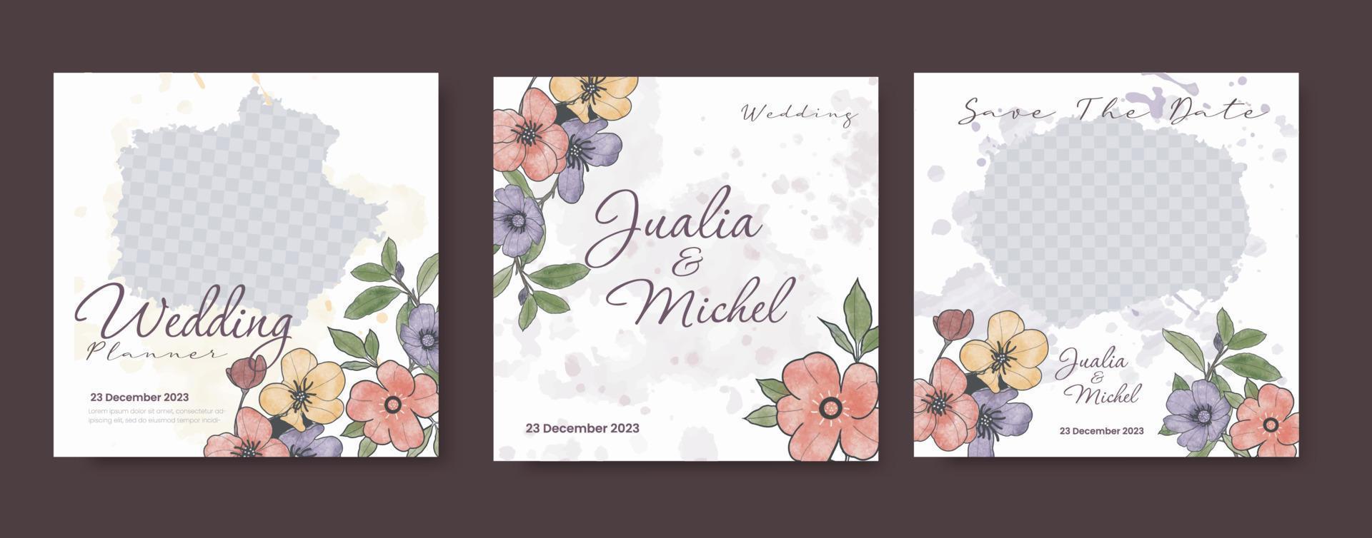 Watercolor hand drawn wedding social media post vector