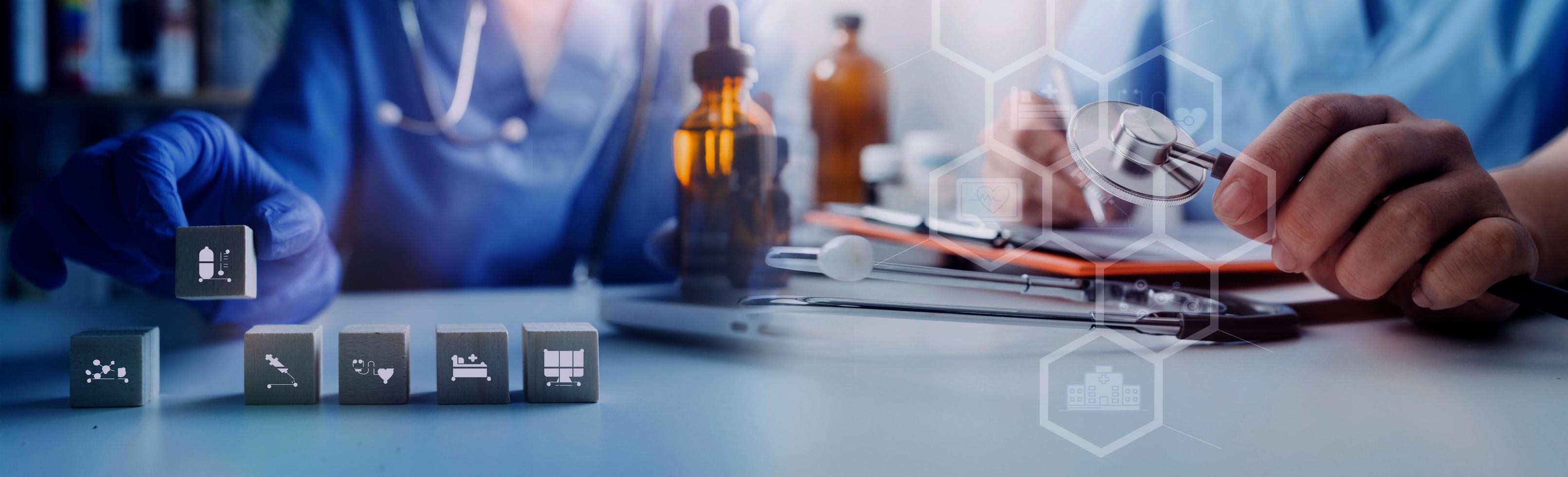 Double exposure of Doctor working with modern virtual screen interface, Healthcare And Medicine concept, Blurred background. photo